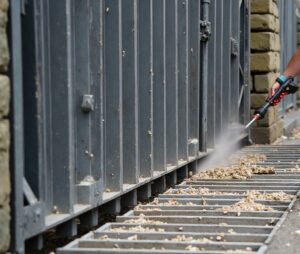 HeroTec technician wiping debris from a metal gate track during maintenance