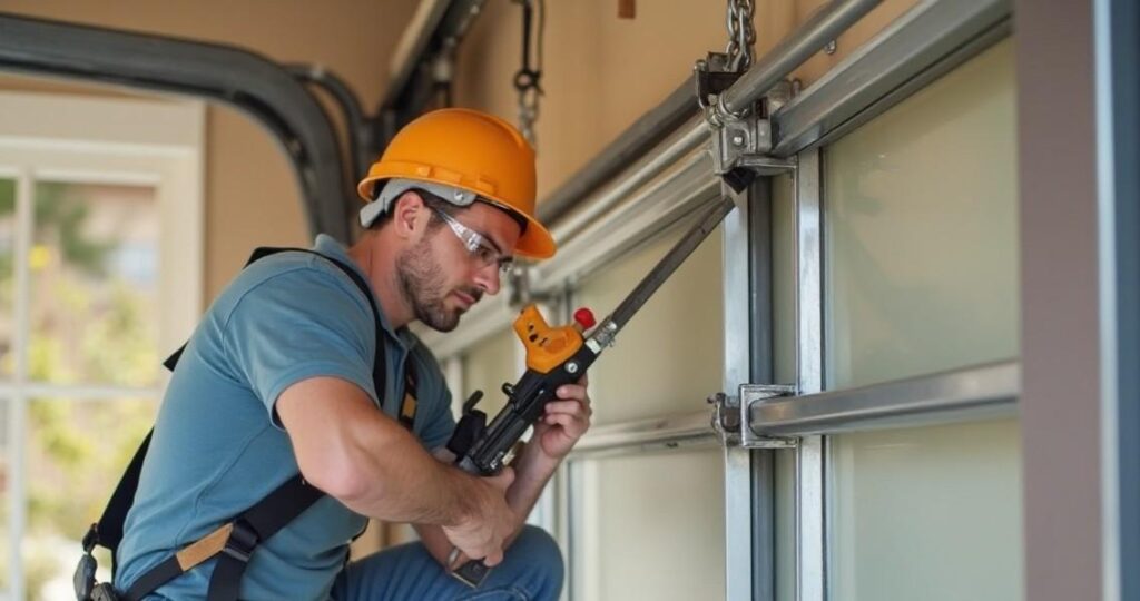 Technician installing a new garage door in Los Angeles, CA