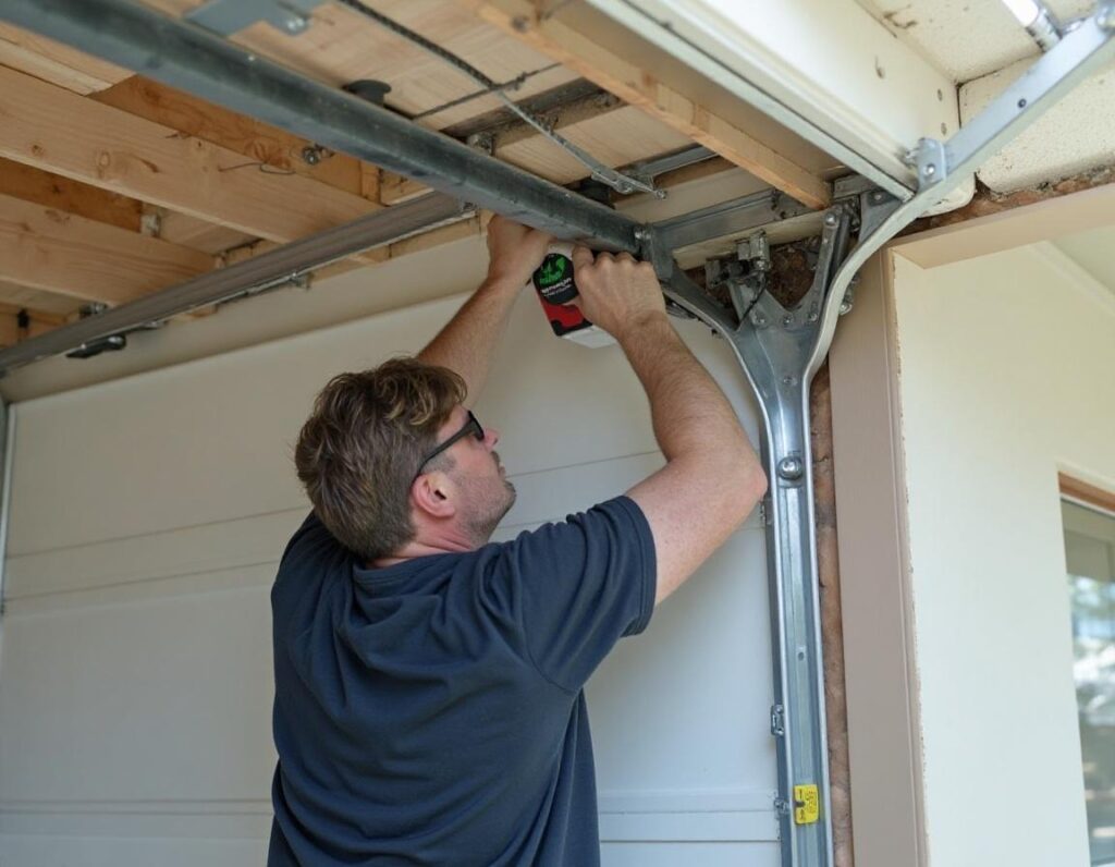 Garage door technician replacing a residential garage door in Los Angeles, CA