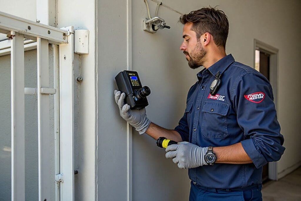 Technician repairing an electric gate motor during same day service in Los Angeles.