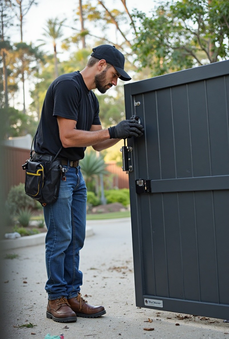 Technician repairing a sliding gate in Los Angeles