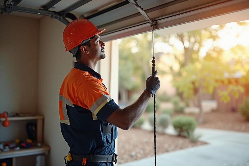 HeroTec Inc provides garage doors and gates repair in Canoga Park CA with skilled technicians handling spring systems, cables, and track adjustments inside residential garages. This image shows a technician wearing safety gloves and protective glasses while adjusting a garage door cable system with professional tools. The garage door is partially open, allowing natural daylight to illuminate the driveway and surrounding suburban landscape in Canoga Park, California. Homeowners in Canoga Park CA rely on HeroTec Inc for fast garage door repair, gate repair, and same day service, and can contact the team at +1 (747) 777-4667 for immediate assistance with safe and reliable solutions.