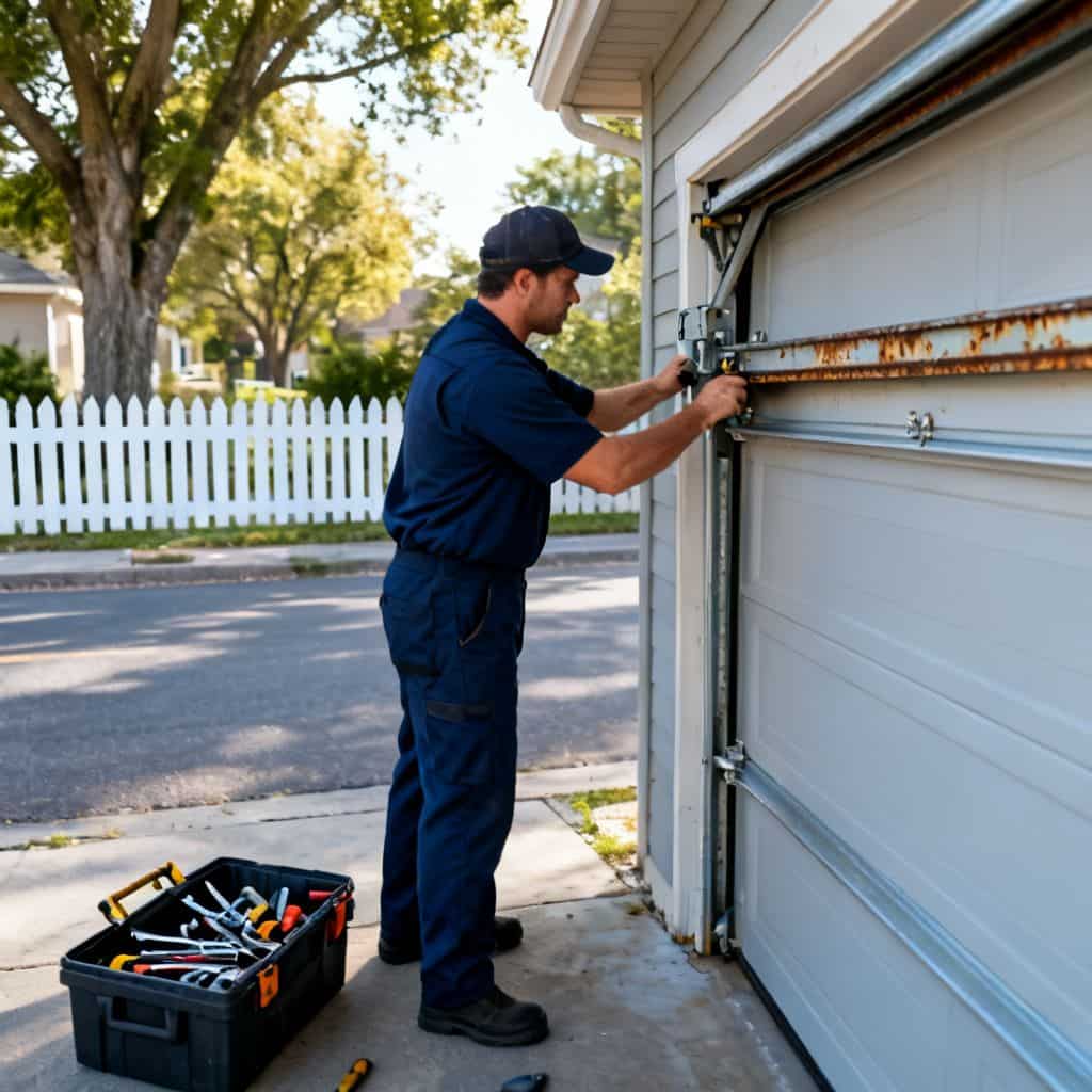 A technician repairing a rusted garage door track outside a residential home