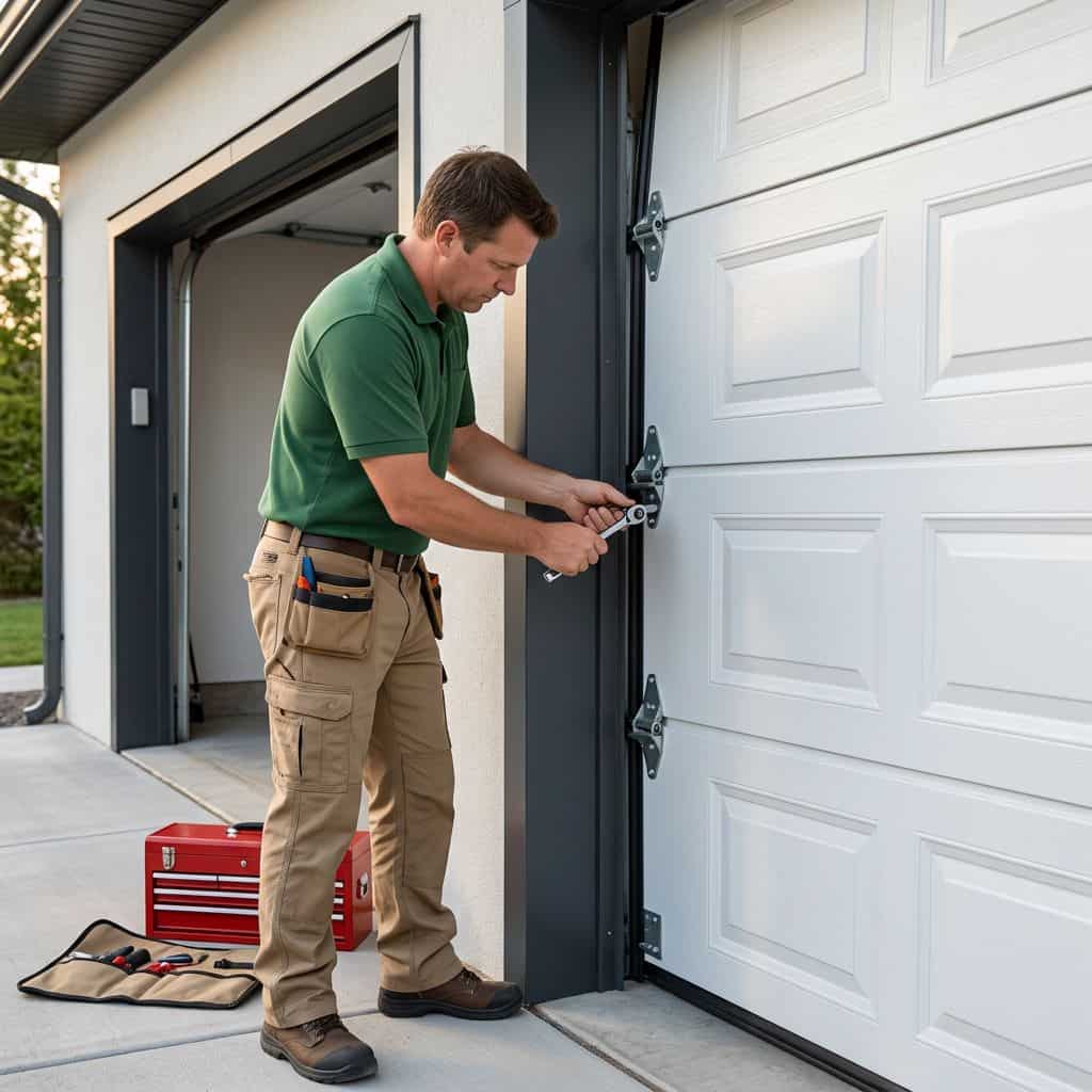 Male technician using a wrench to tighten the side hinges of a white garage door.