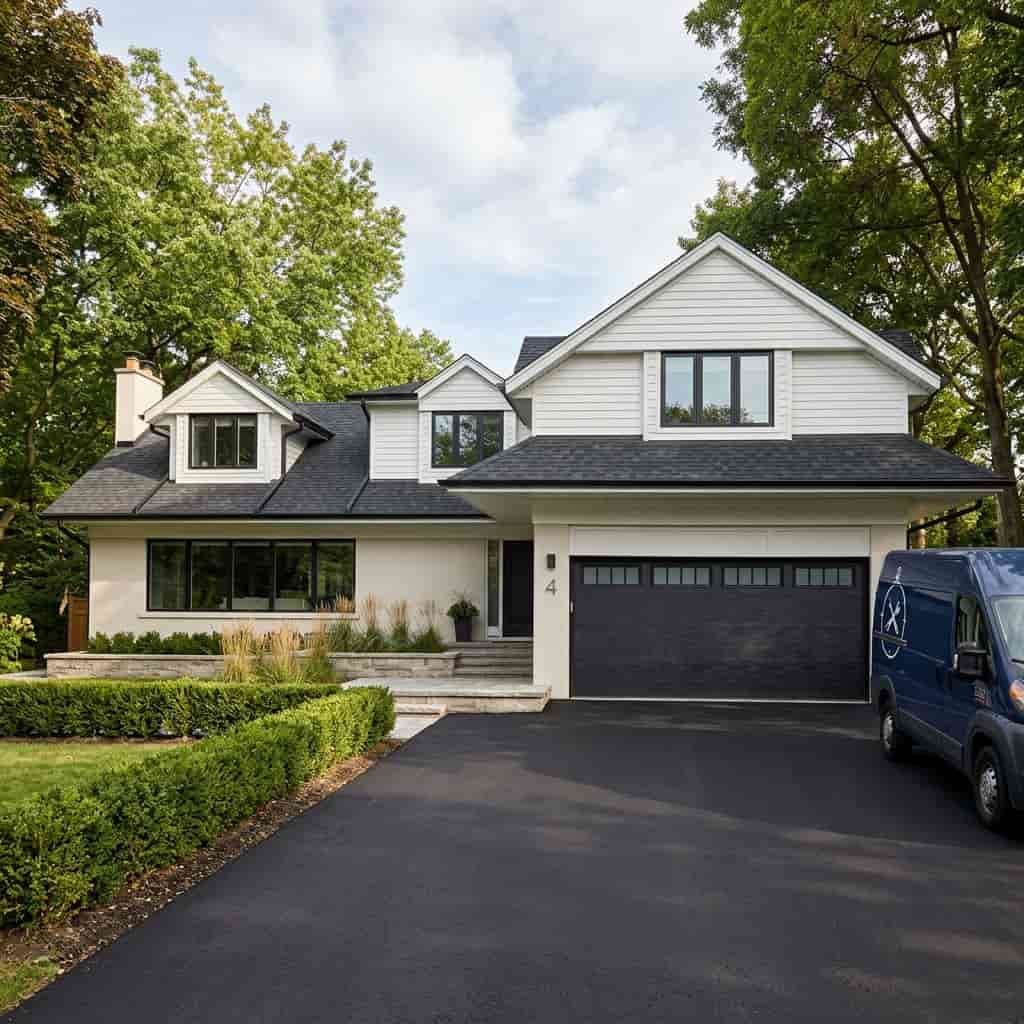 Large black garage door on a white two-story home with a service van outside.