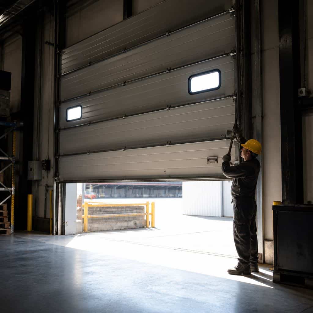 Worker in a yellow hard hat fixing a large commercial garage door in a warehouse.