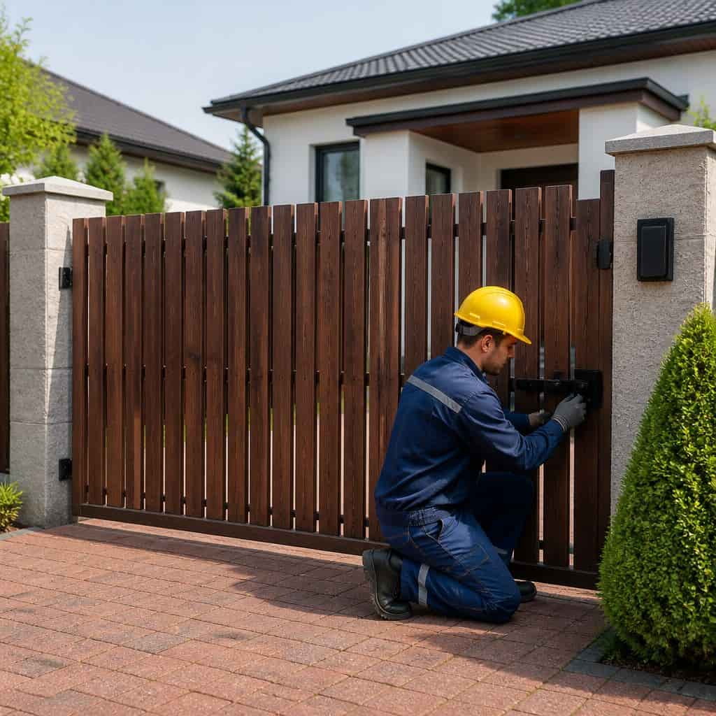 Technician in uniform repairing a wooden driveway gate latch at a residential property