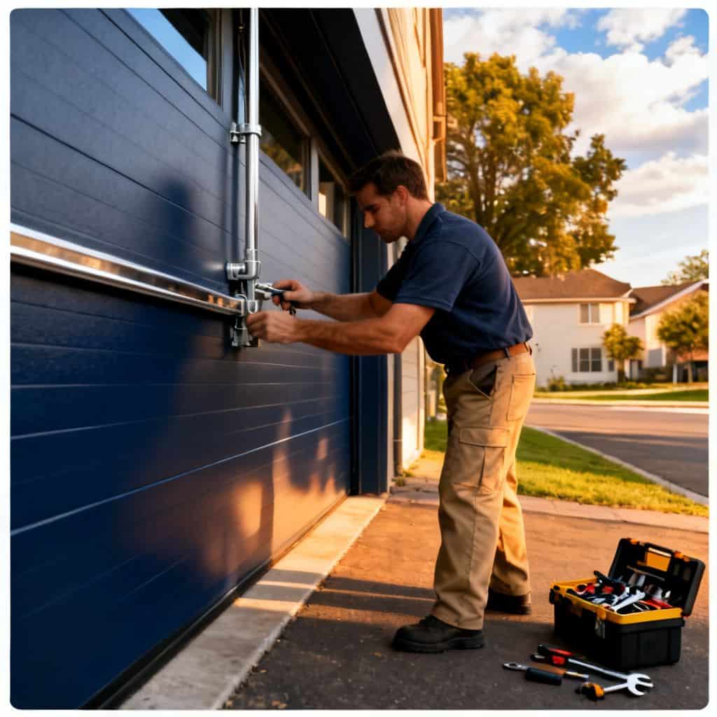 Professional technician repairing the locking mechanism on a modern dark blue garage door.