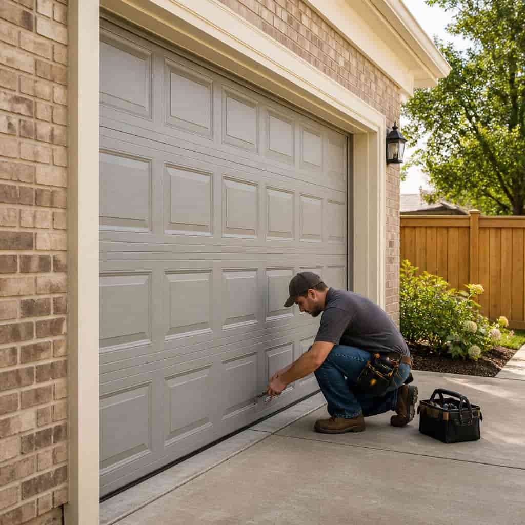 A technician kneeling down to inspect the bottom panel of a grey residential garage door.