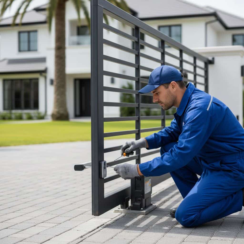 Technician in blue uniform repairing the motor base of a black sliding metal gate