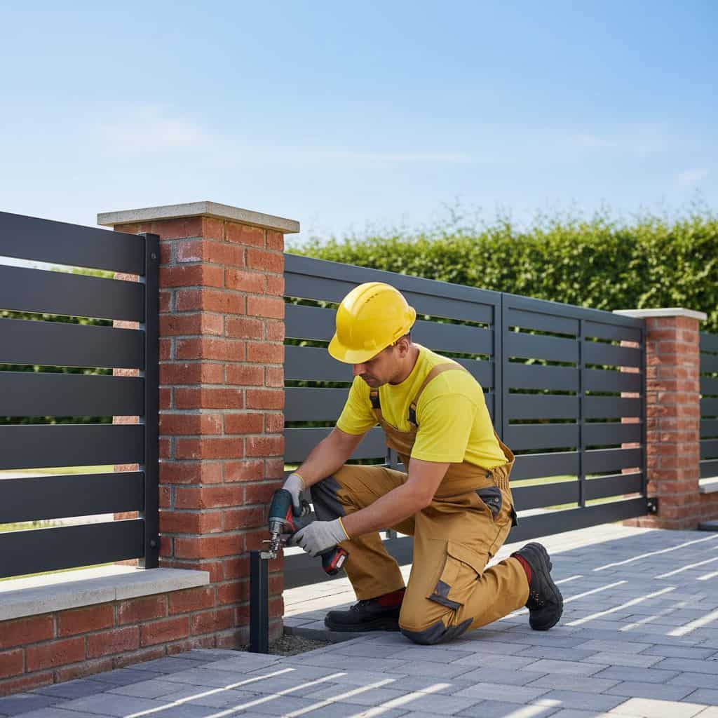 Gate repair technician kneeling and drilling at the base of a brick gate post