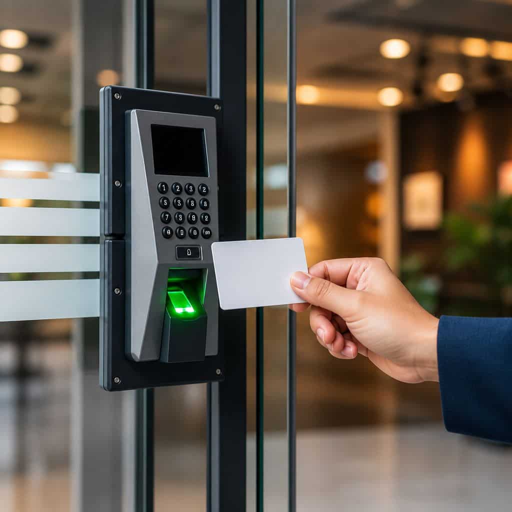 Hand swiping a white keycard at a digital door keypad and fingerprint reader.