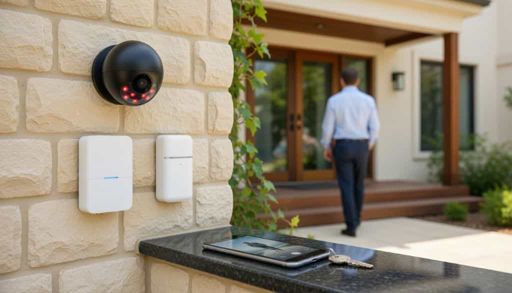 Dome security camera and white wall readers next to a smartphone displaying a live video.