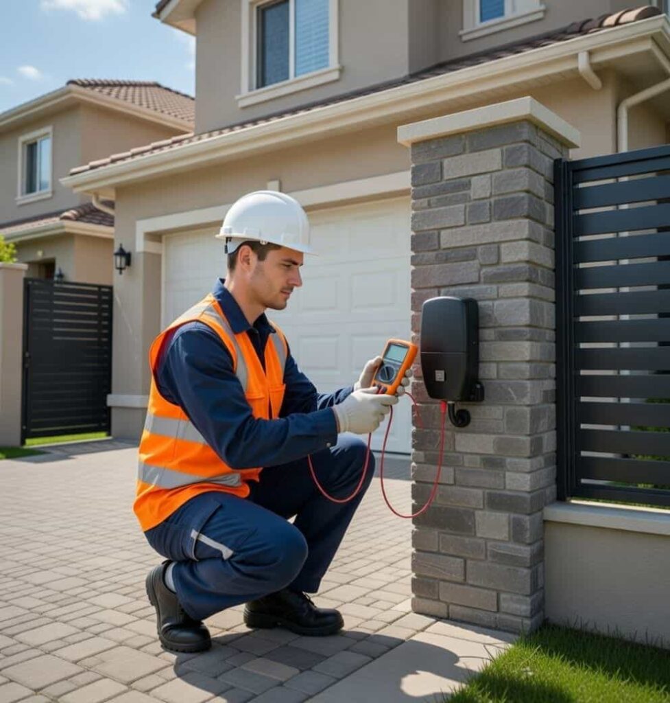 Technician in safety vest using a multimeter on a residential gate control box