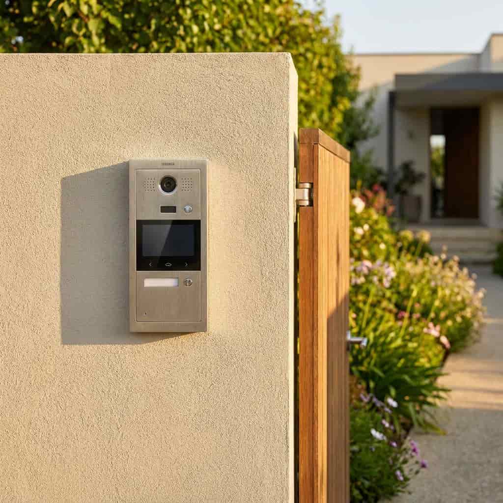 Stainless steel video intercom doorbell mounted on a beige stucco wall near a wooden gate.
