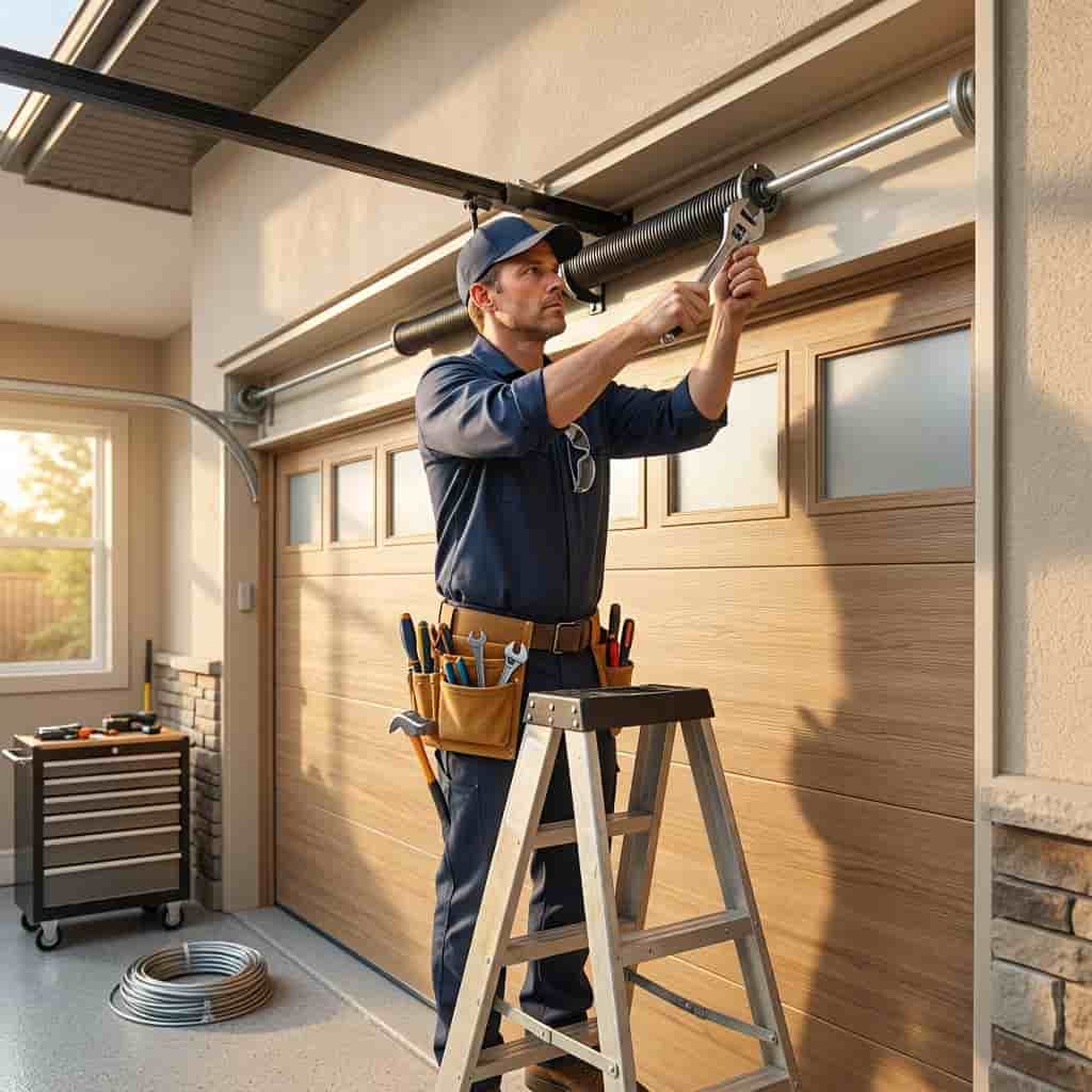 Professional technician on a ladder adjusting the overhead torsion spring of a wooden garage door.