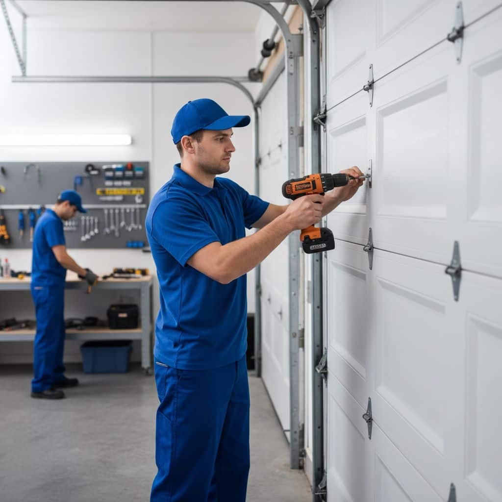 A technician in blue uniform using a power drill on a white sectional garage door
