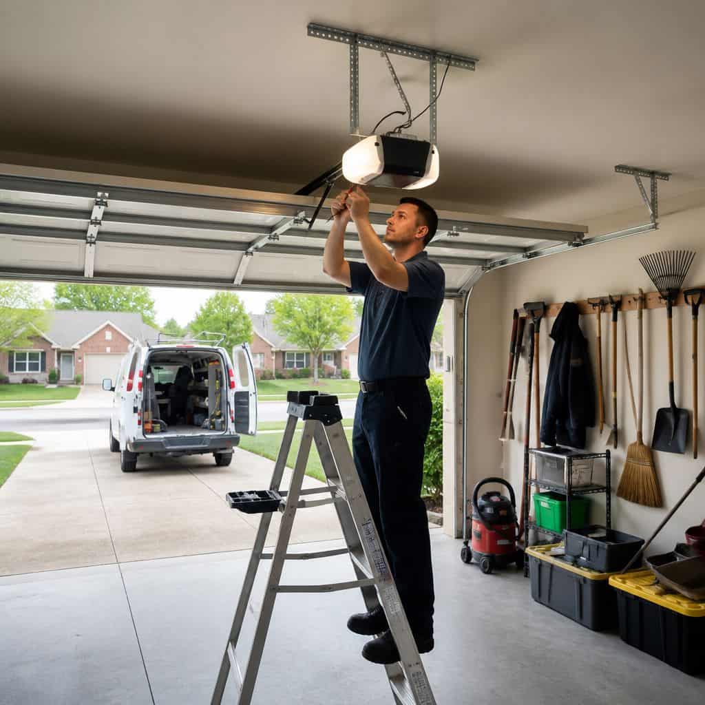 A professional technician on a stepladder fixing an overhead garage door opener motor.