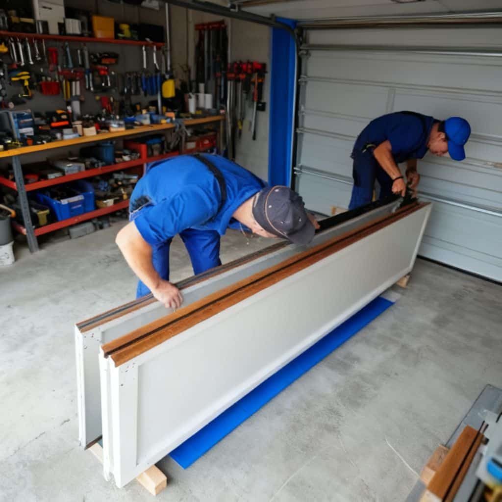 Two technicians in blue uniforms repairing a garage door panel inside a workshop