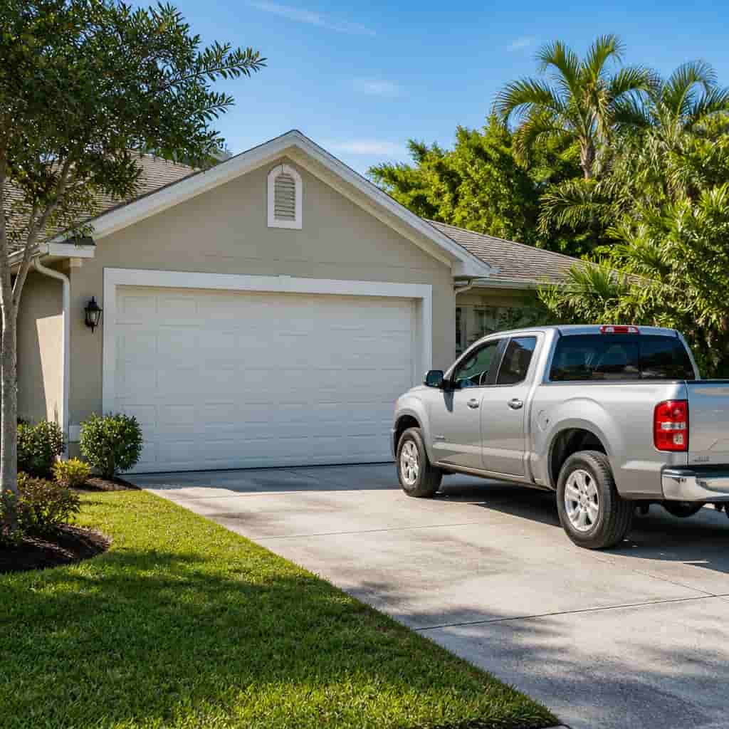 A classic white raised panel garage door with a silver pickup truck parked outside.