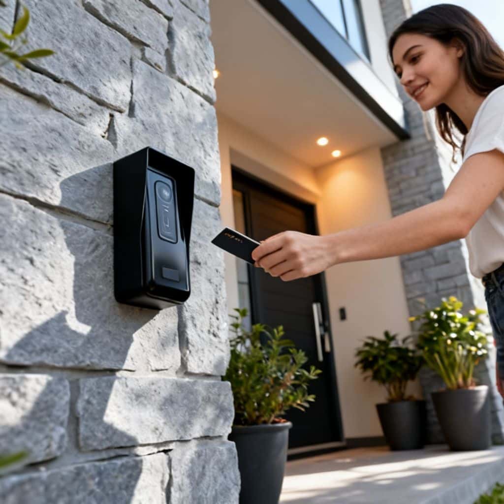 Smiling woman tapping a black keycard on a wall mounted entry reader outside a home.