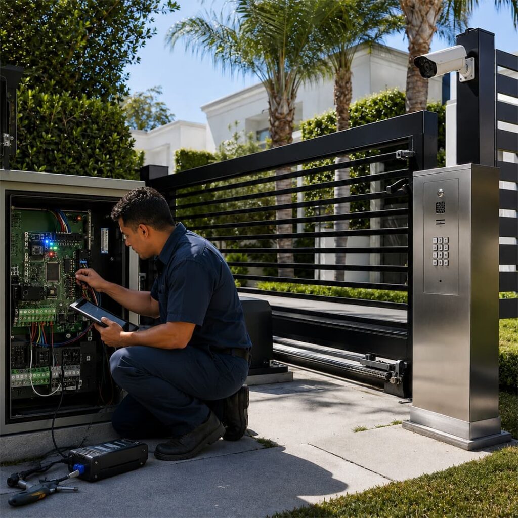 Technician diagnosing a DoorKing cloud gate system beside an automatic sliding gate, open control cabinet, intercom keypad, and security camera.