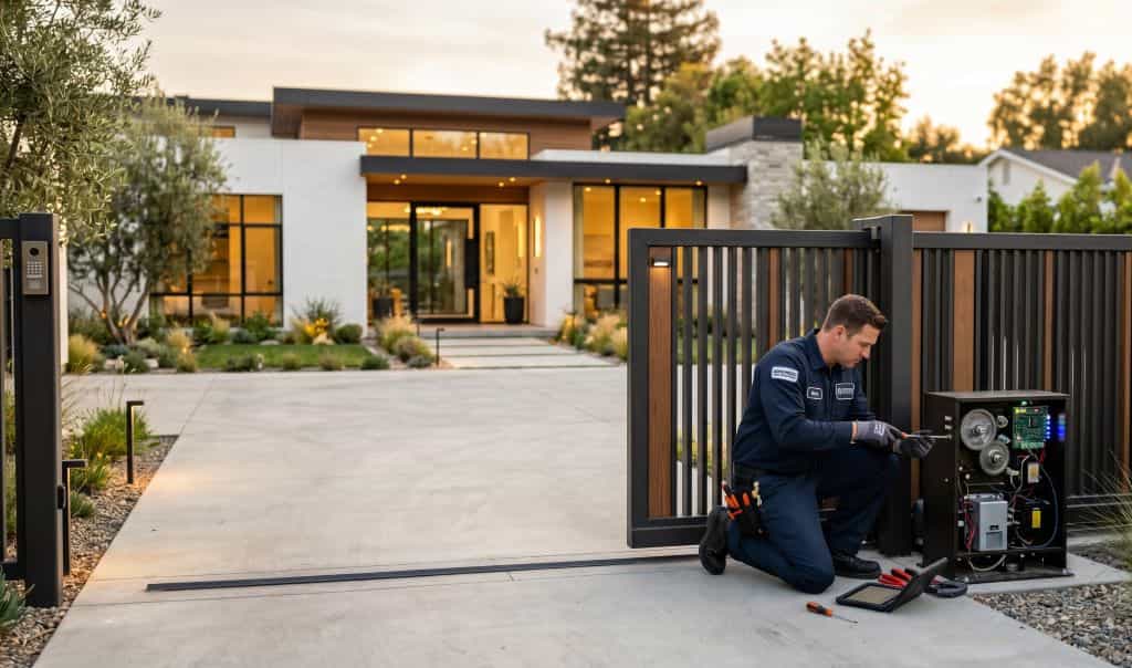 Technician repairing an automatic sliding gate opener at a modern residential property