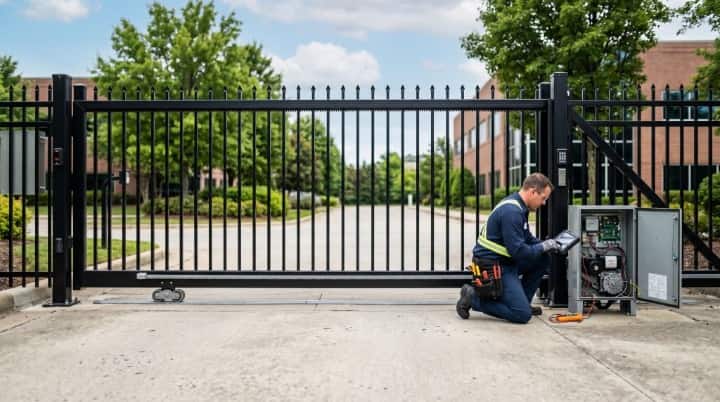 Technician inspecting and repairing an automatic sliding gate motor and control system.