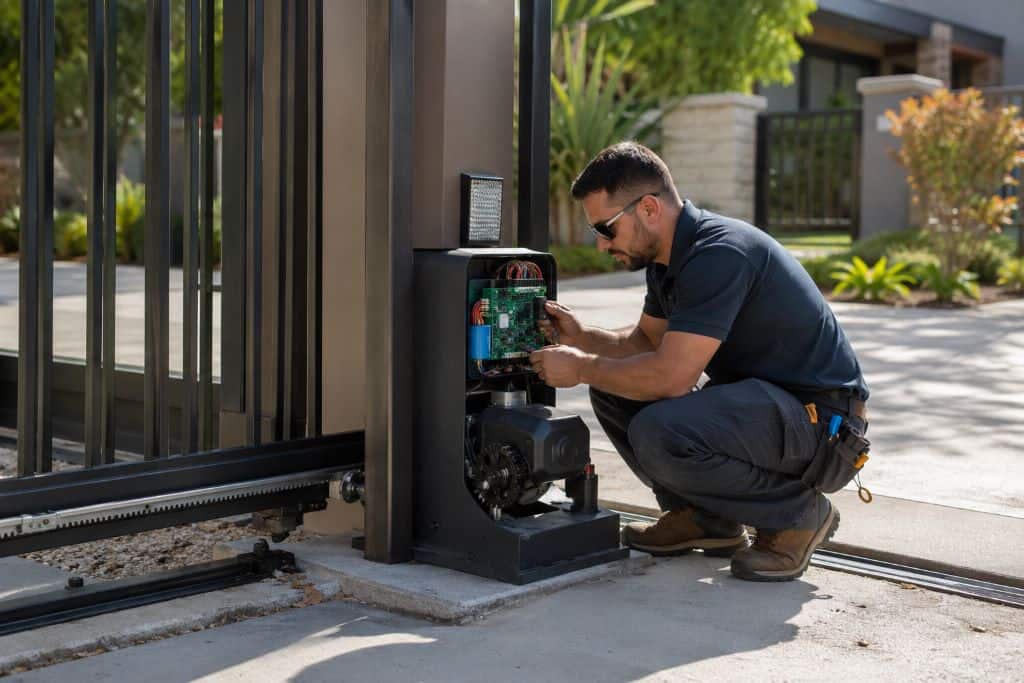 Hero Tec technician performing gate motor repair and electrical diagnostics on an automatic sliding gate in Canoga Park, California.