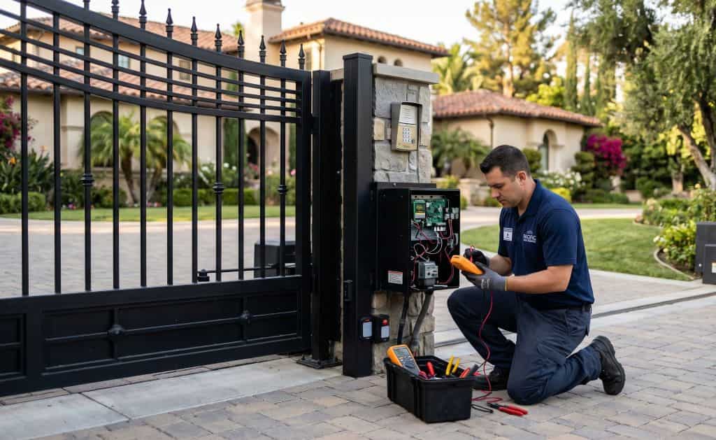 Hero Tec technician diagnosing and repairing an automatic security gate control system at a residential property.