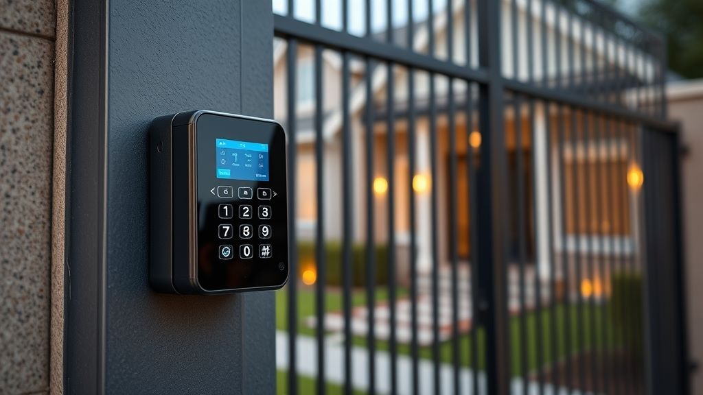 Touchscreen smart gate access control keypad installed on a residential gate in Canoga Park.