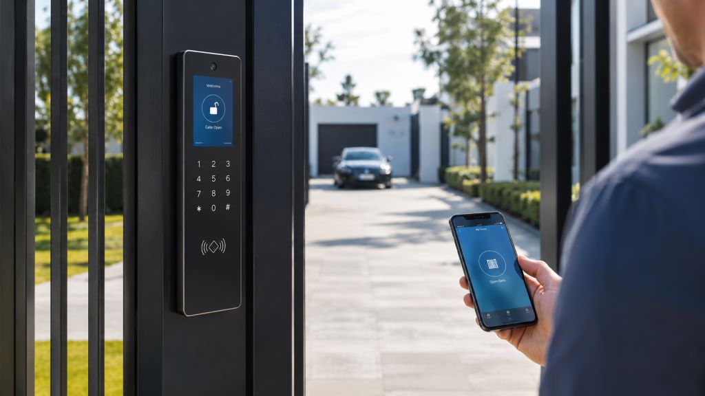 Homeowner using a smartphone to operate a smart gate automation system at a modern residence.