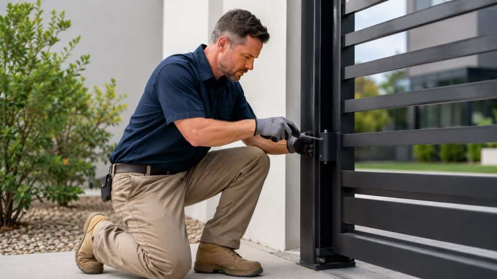 Technician adjusting a residential metal swing gate hinge during a repair service in Canoga Park