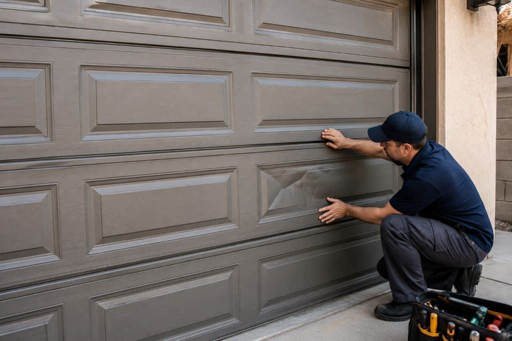 Technician inspecting and repairing a dented garage door panel at a residential home in Canoga Park.