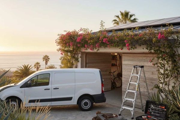 Professional emergency garage door repair service in Malibu featuring a technician's van, tools, and broken springs outside a coastal home at sunset.