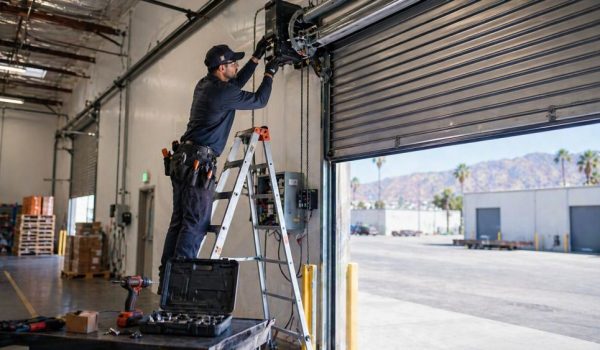 HeroTec Inc provides commercial garage door repair in Canoga Park CA for warehouses, loading docks, and industrial facilities that depend on secure and working overhead doors. This image shows a trained technician using tools to repair a rolling steel garage door system, focusing on the motor and track components inside a large warehouse space. The technician stands on a ladder and works with safety gear while daylight enters through an open loading bay, showing a typical commercial setting in Canoga Park California. Businesses in Canoga Park CA trust HeroTec Inc for fast response, same day service, and reliable commercial garage door repair, and can call +1 (747) 777-4667 to restore door function and maintain secure operations.