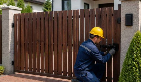 Technician in uniform repairing a wooden driveway gate latch at a residential property