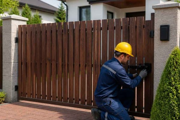 Technician in uniform repairing a wooden driveway gate latch at a residential property