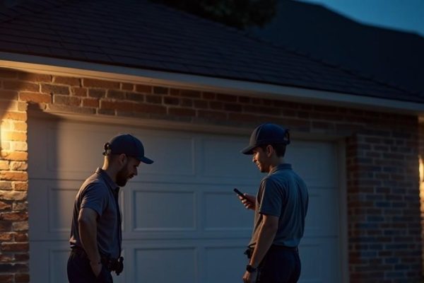 Technician performing emergency garage door repair at night in Los Angeles, CA