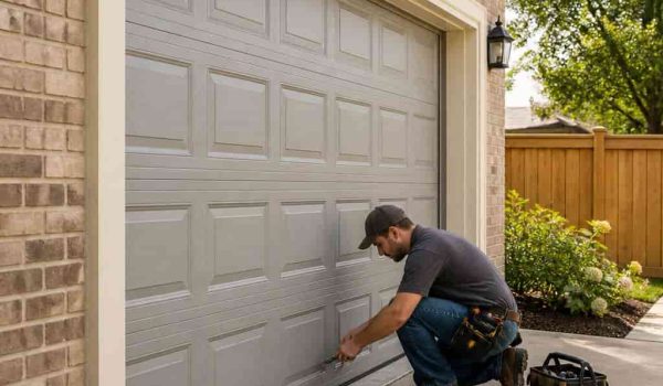 A technician kneeling down to inspect the bottom panel of a grey residential garage door.