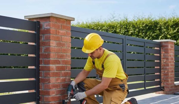 Gate repair technician kneeling and drilling at the base of a brick gate post