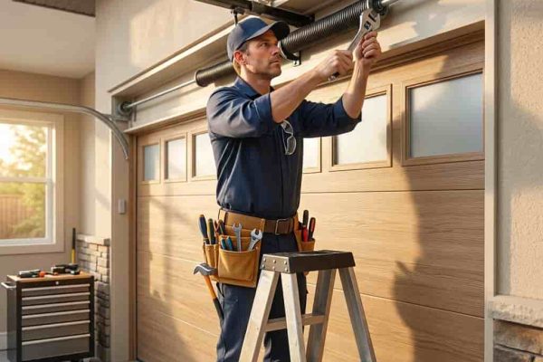 Professional technician on a ladder adjusting the overhead torsion spring of a wooden garage door.